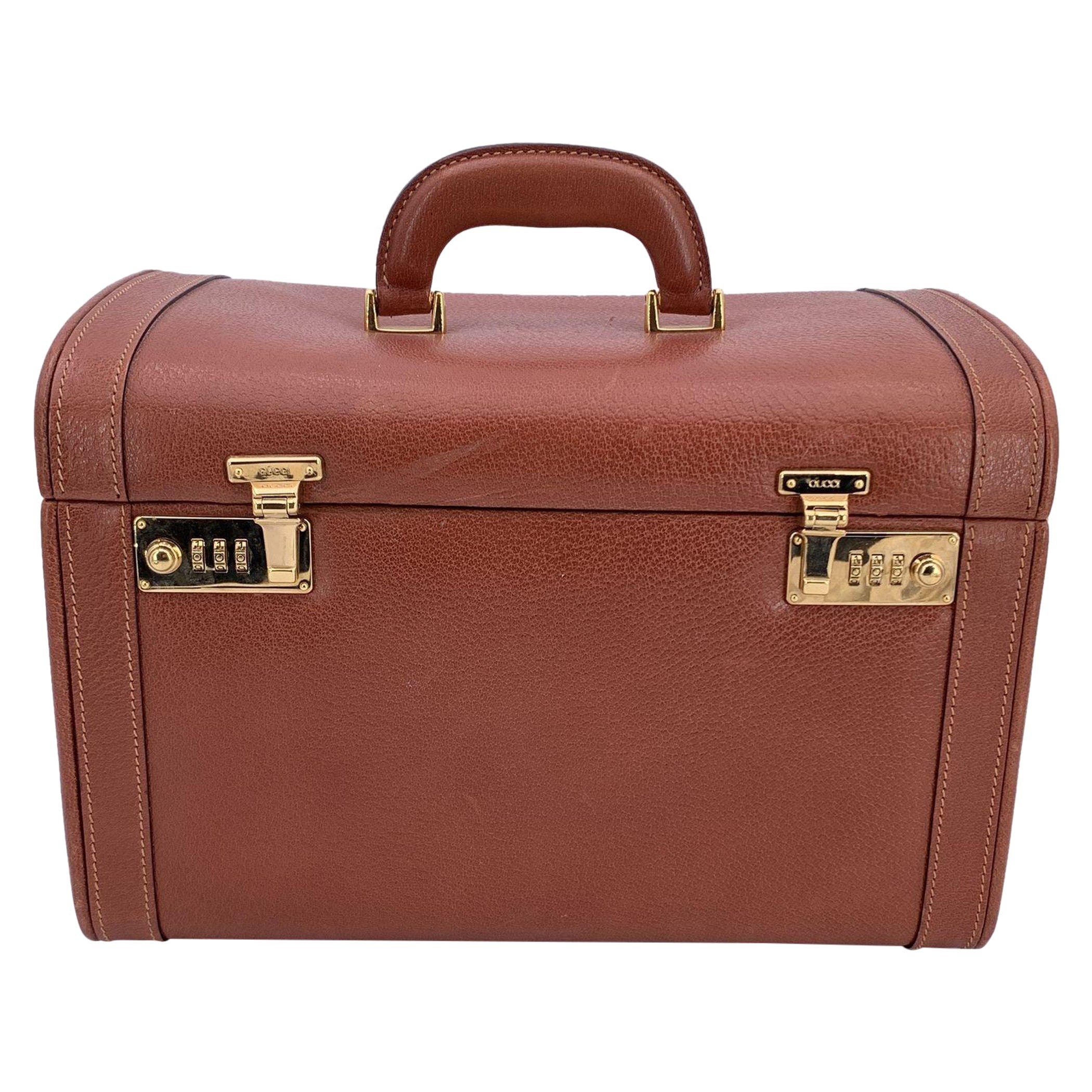 Gucci Vintage Brown Train Case Leather Beauty Travel Bag en vente
