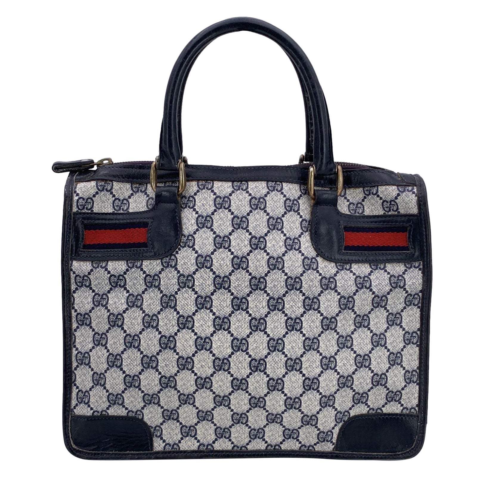 Gucci Vintage Blue Monogram Canvas Satchel Bag with Stripes
