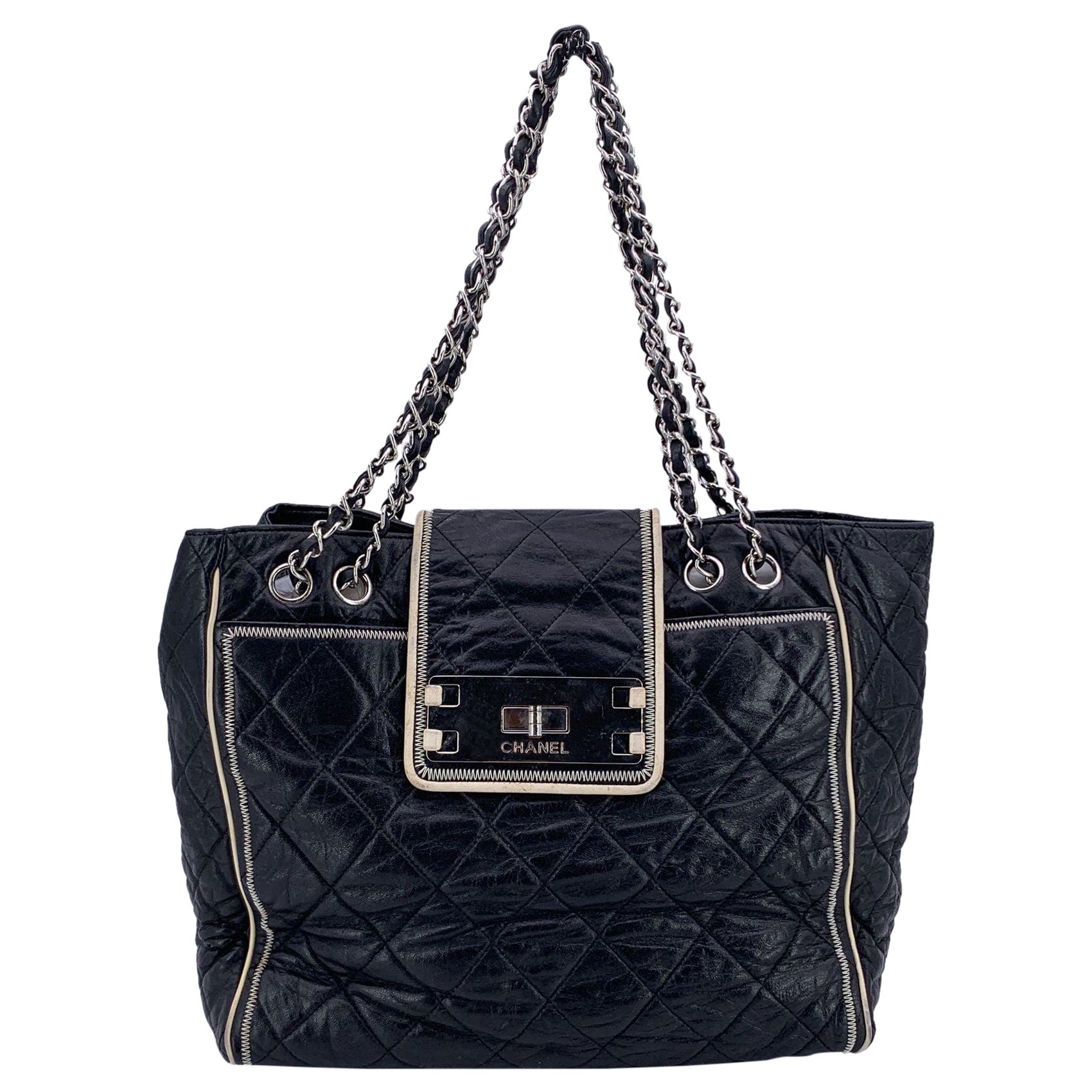 Chanel Black Glazed Lambskin Quilted North South Tote Bag