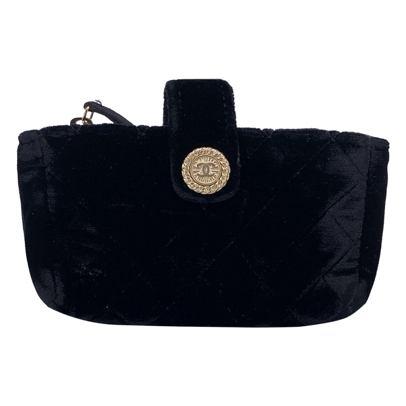 Chanel Black Velvet Quilted Mini Zip Pouch Bag