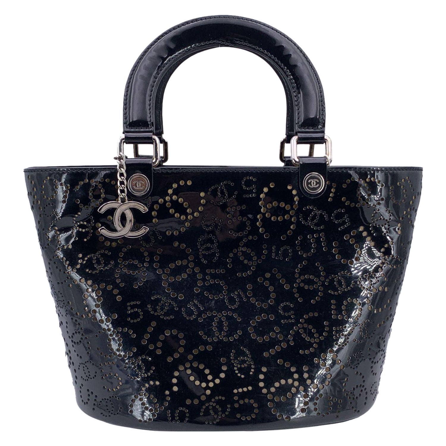 Chanel Black Patent Leather Perforated No. 5 CC Logos Tote Bag