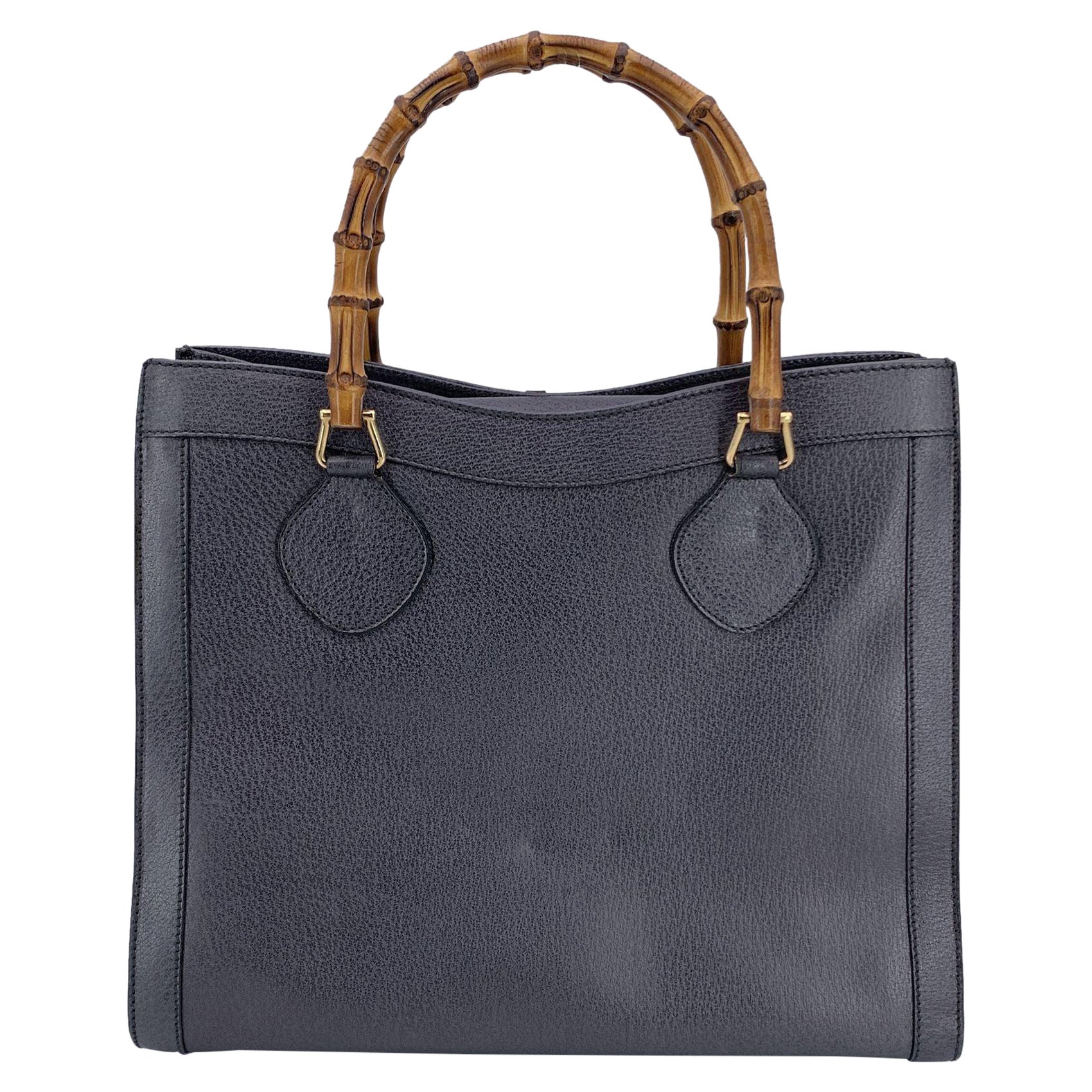 Gucci Vintage Dark Grey Leather Bamboo Princess Diana Tote Bag For Sale