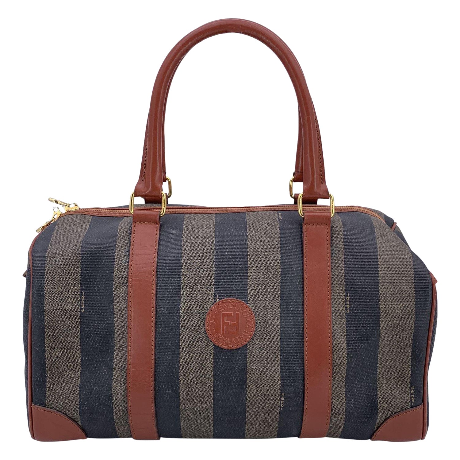 Fendi Vintage Pequin Striped Canvas Brown Leather Boston Bag