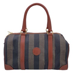 Fendi Vintage Pequin Striped Canvas Brown Leather Boston Bag
