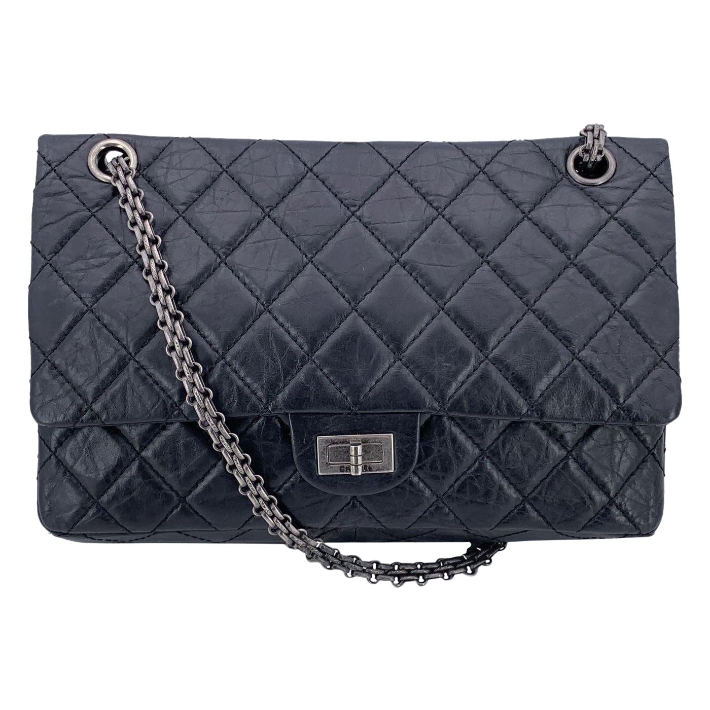 Chanel Black Leather Reissue 2.55 Large Double Flap Shoulder Bag For Sale