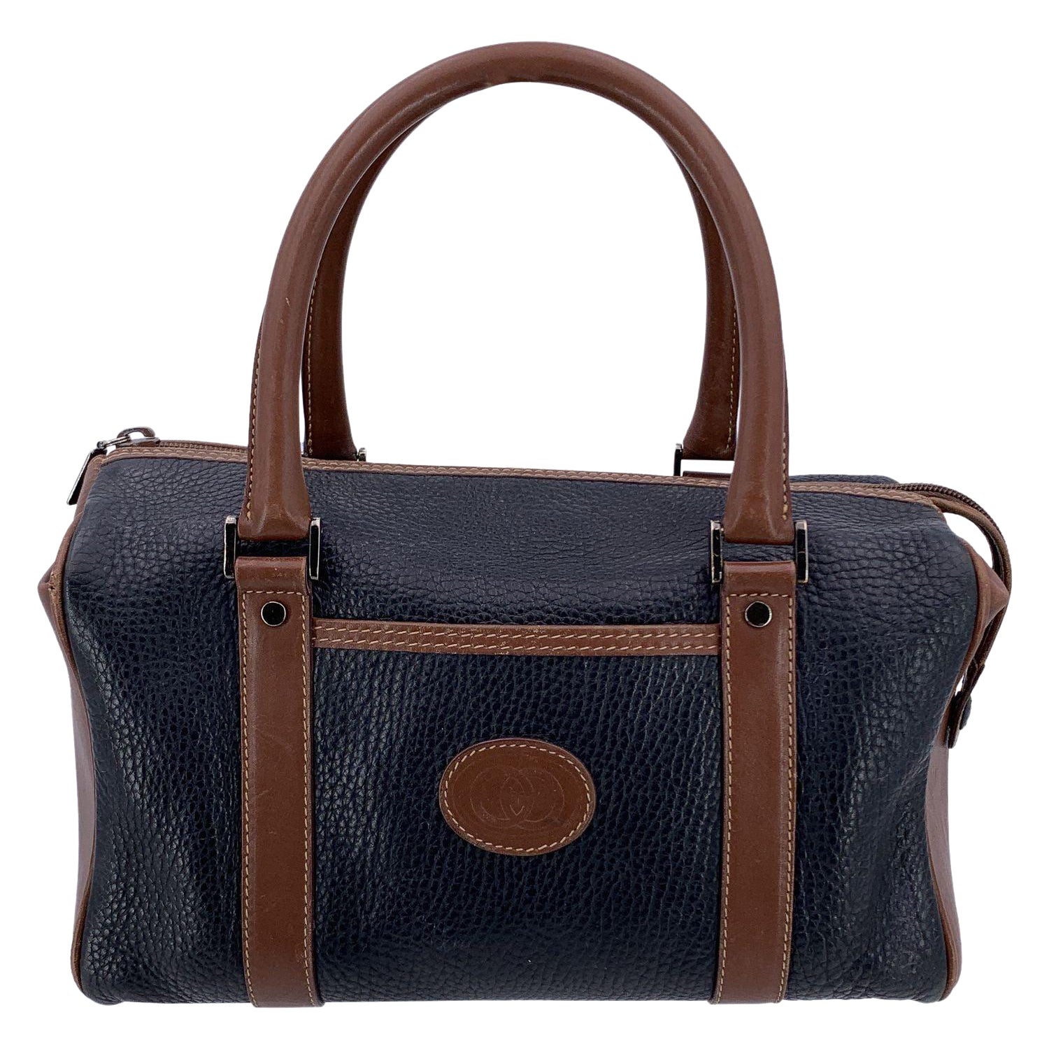 Gucci Vintage Brown and Black Leather Handbag Boston Bag For Sale
