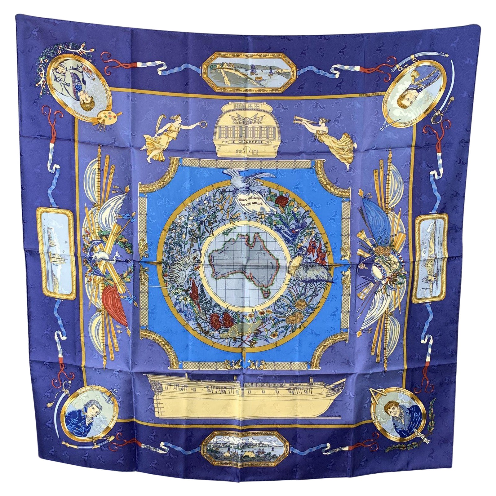Hermes Jacquard Vintage Silk Scarf Le Geographe 1992 Laroche