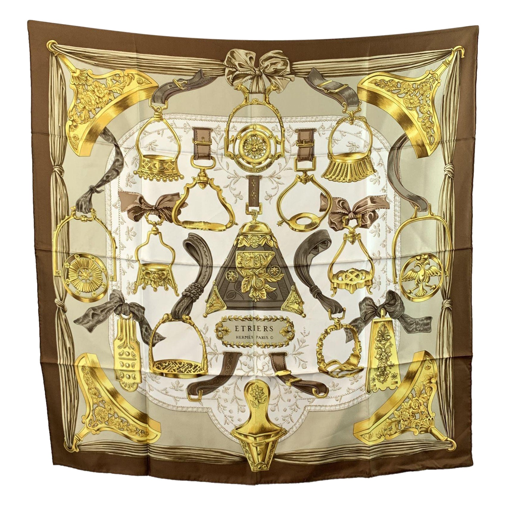 Hermes Vintage Brown Silk Scarf Etriers 1964 Francoise de la Perriere For Sale