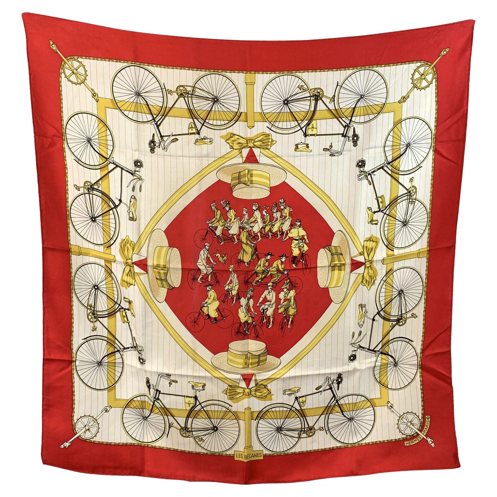 Hermes Vintage Silk Scarf Red Les Becanes 1954 Hugo Grygkar