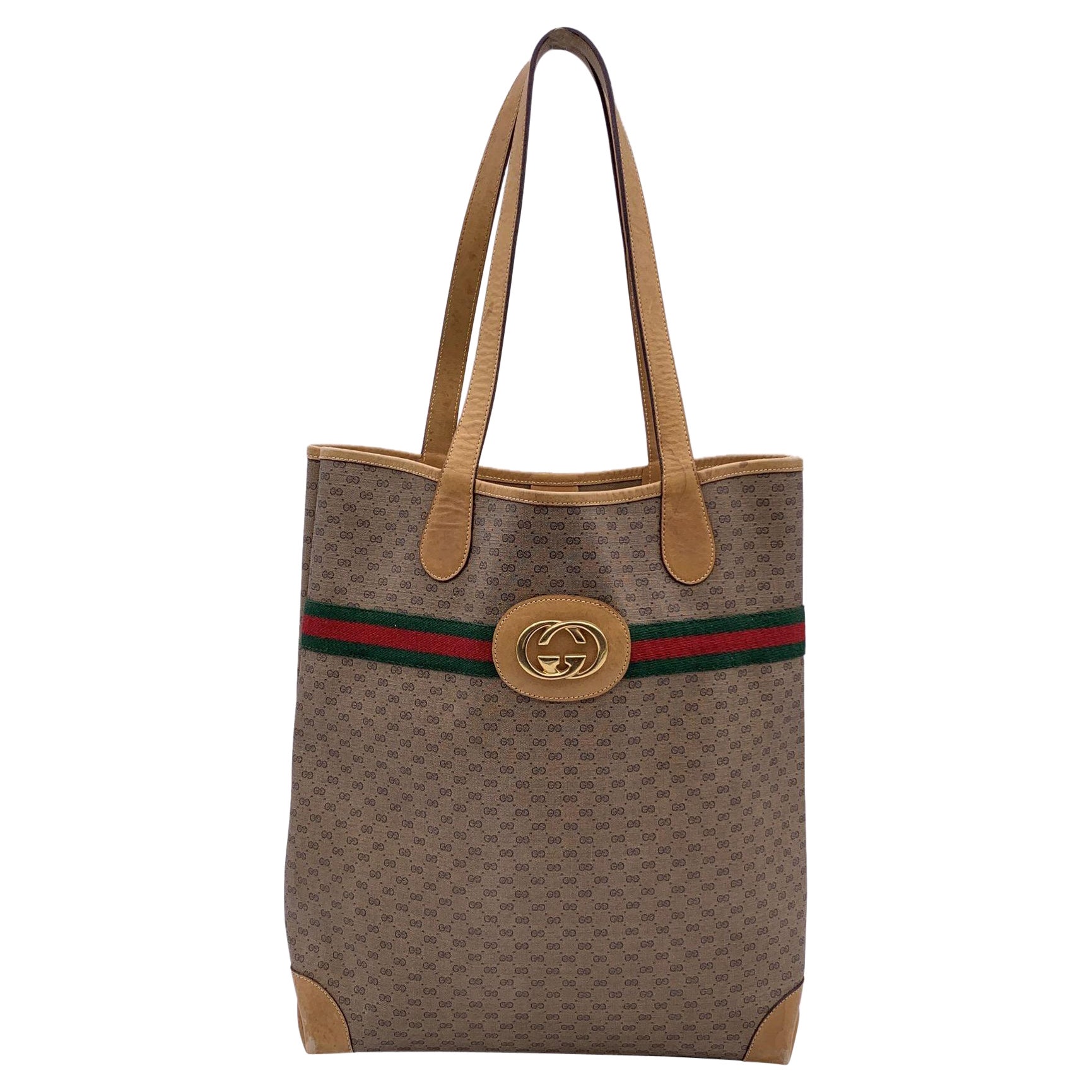 Gucci Vintage Beige Monogram Canvas Logo Tote Shopping Bag Stripes