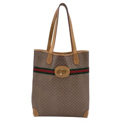 Gucci Vintage Beige Monogram Canvas Logo Tote Shopping Bag Stripes