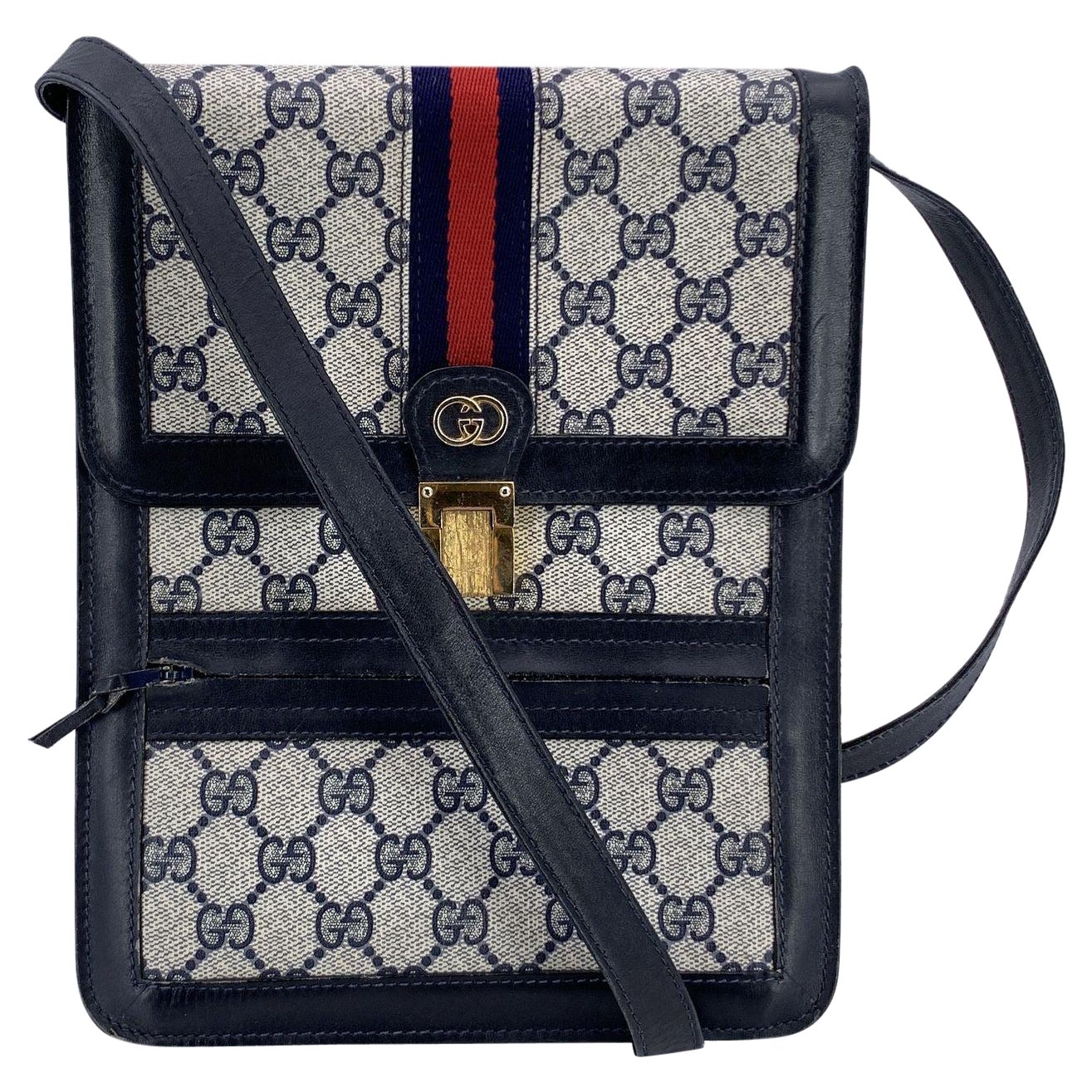 Gucci Vintage Blue Monogram Ophidia Stripes Vertical Crossbody Bag For Sale