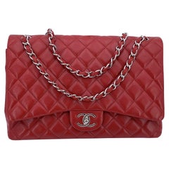 Chanel Red Quilted Caviar Maxi Timeless Classic 2.55 Double Flap Bag