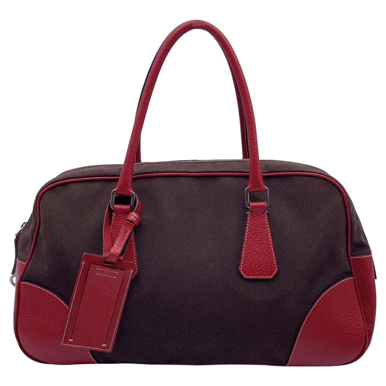 Prada Vintage Brown and Red Leather Bowling Bag Satchel B10804 For Sale
