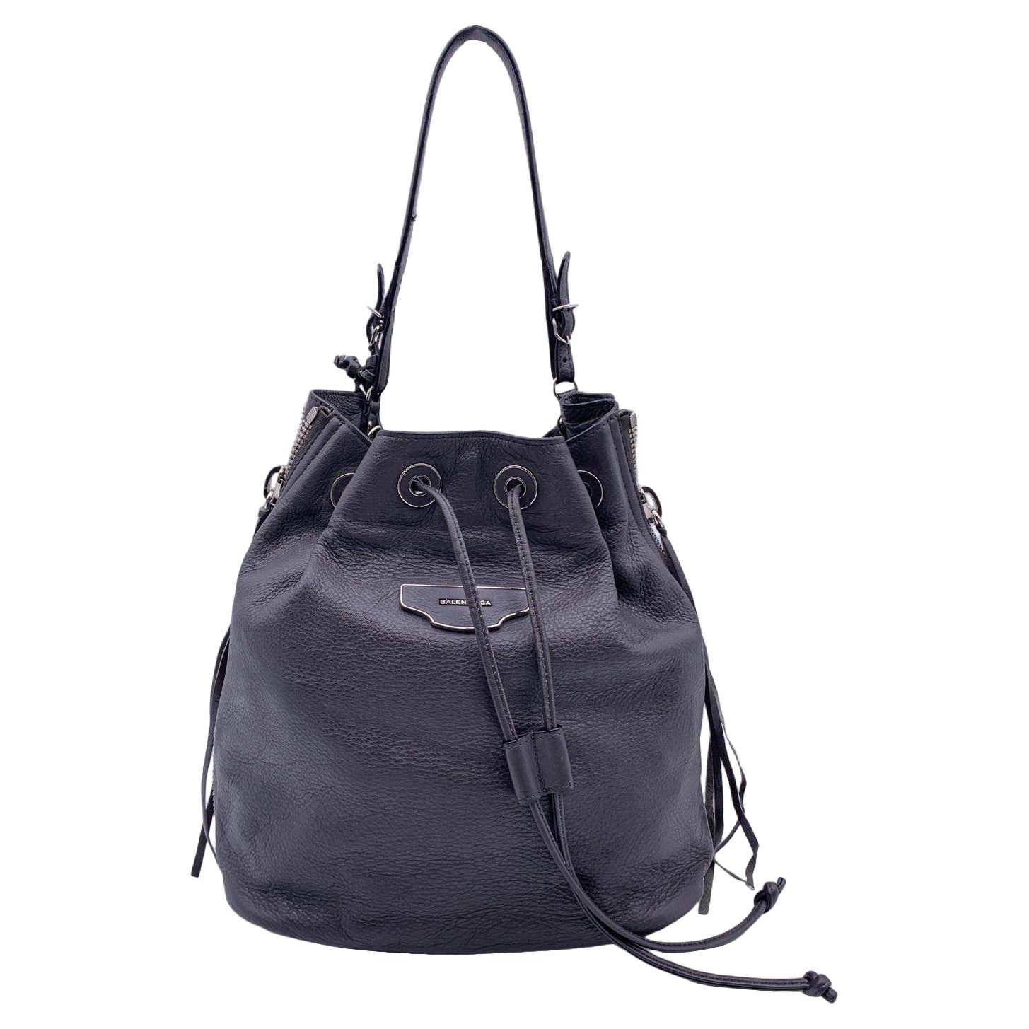 Balenciaga Grey Leather Bucket Papier Plate Drawstring Bag
