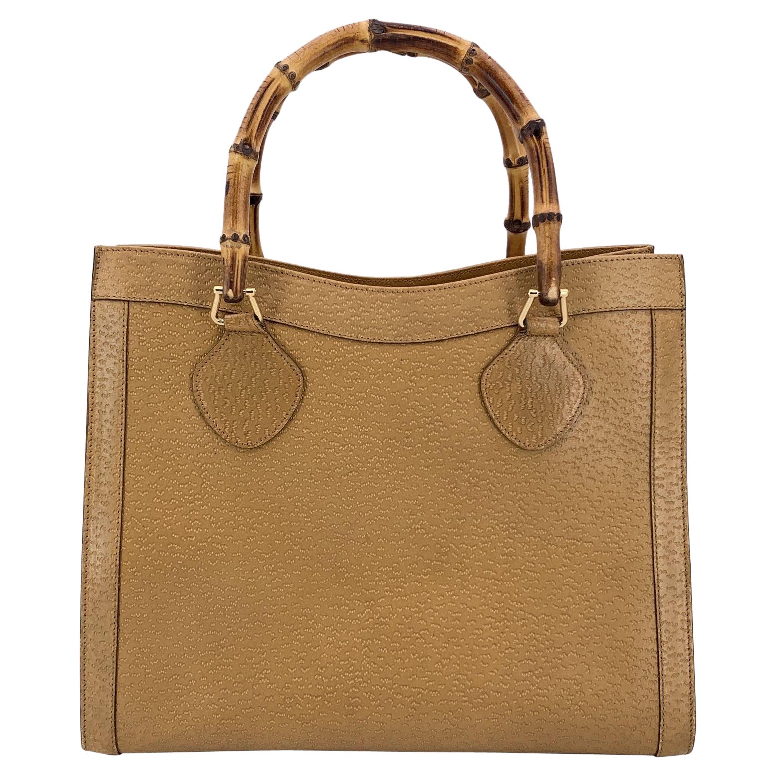 Gucci Tan Beige Leather Bamboo Princess Diana Tote Bag