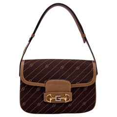 Gucci Vintage Brown Logo Canvas Tan Leather Horsebit Shoulder Bag