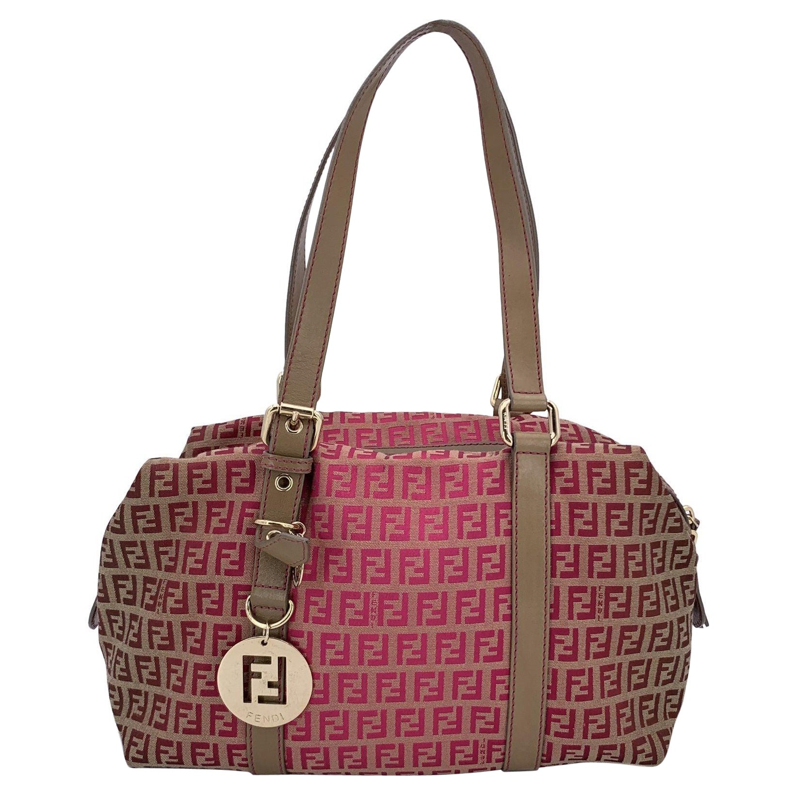 Fendi Pink Brown Monogram Zucchino Canvas Boston Shoulder Bag For Sale