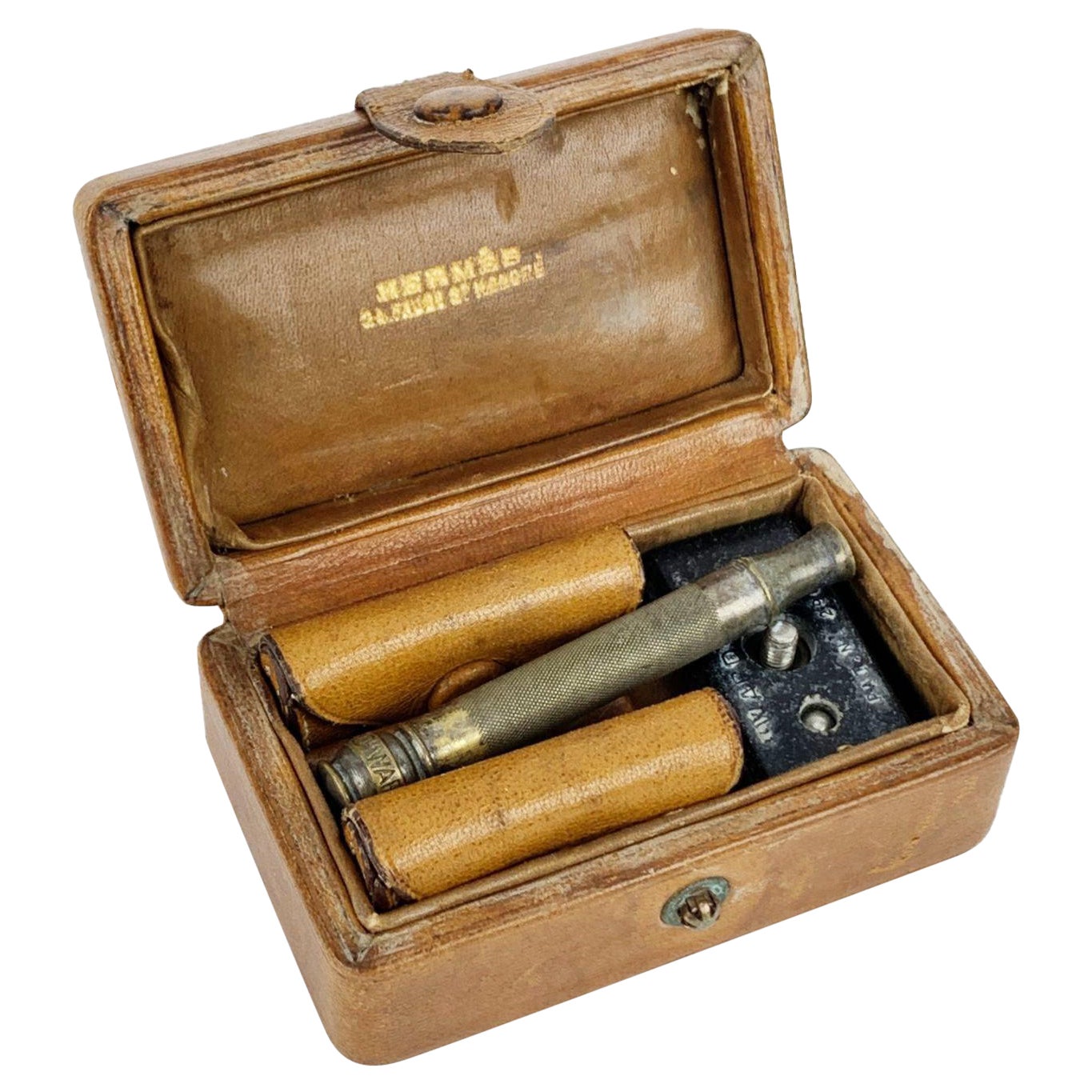 Set di rasoi da barba da viaggio Hermes Vintage con custodia in pelle marrone in vendita