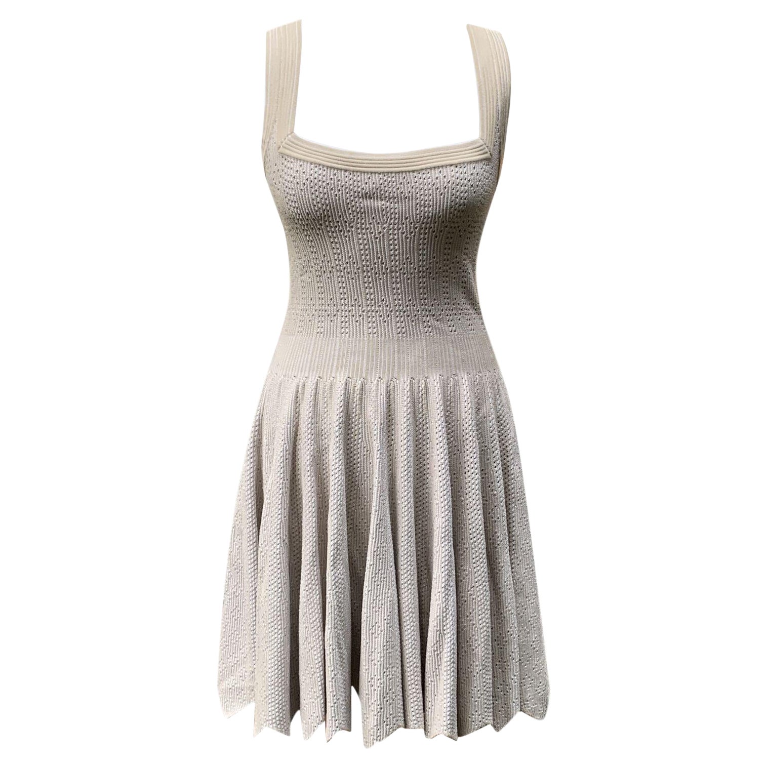 Alaia Paris Beige Perforated Knit Square Neck Sleeveless Dress 38 FR For Sale