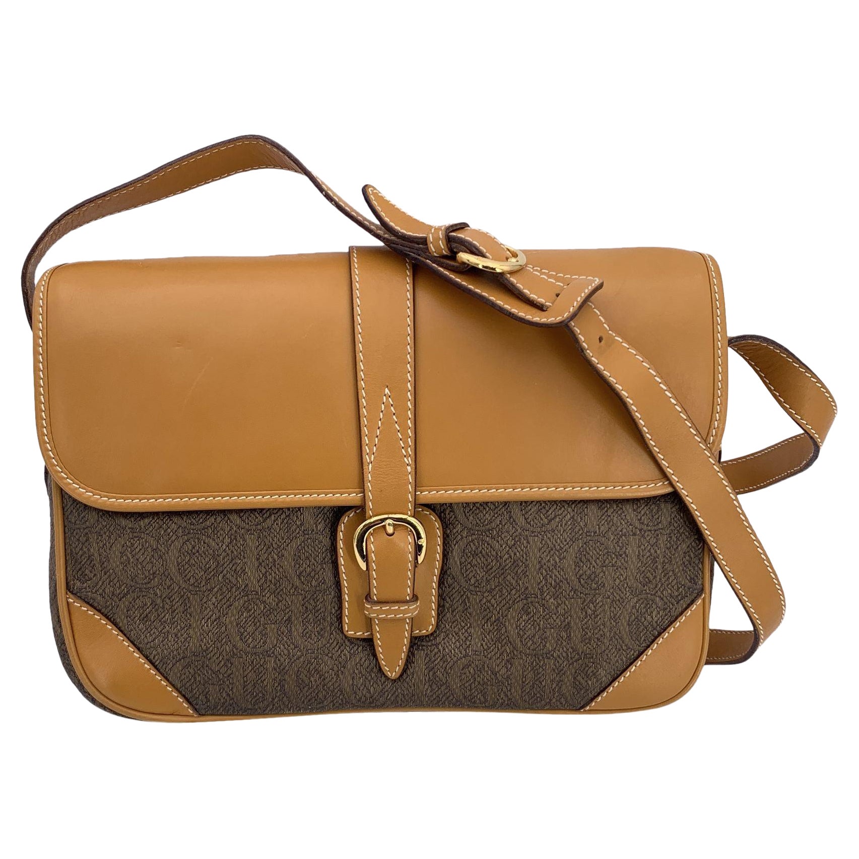 Gucci Vintage Beige Leather Brown Logo Canvas Shoulder Bag