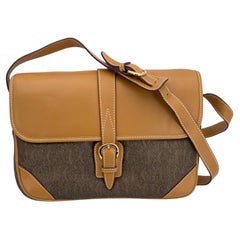 Gucci Vintage Beige Leather Brown Logo Canvas Shoulder Bag