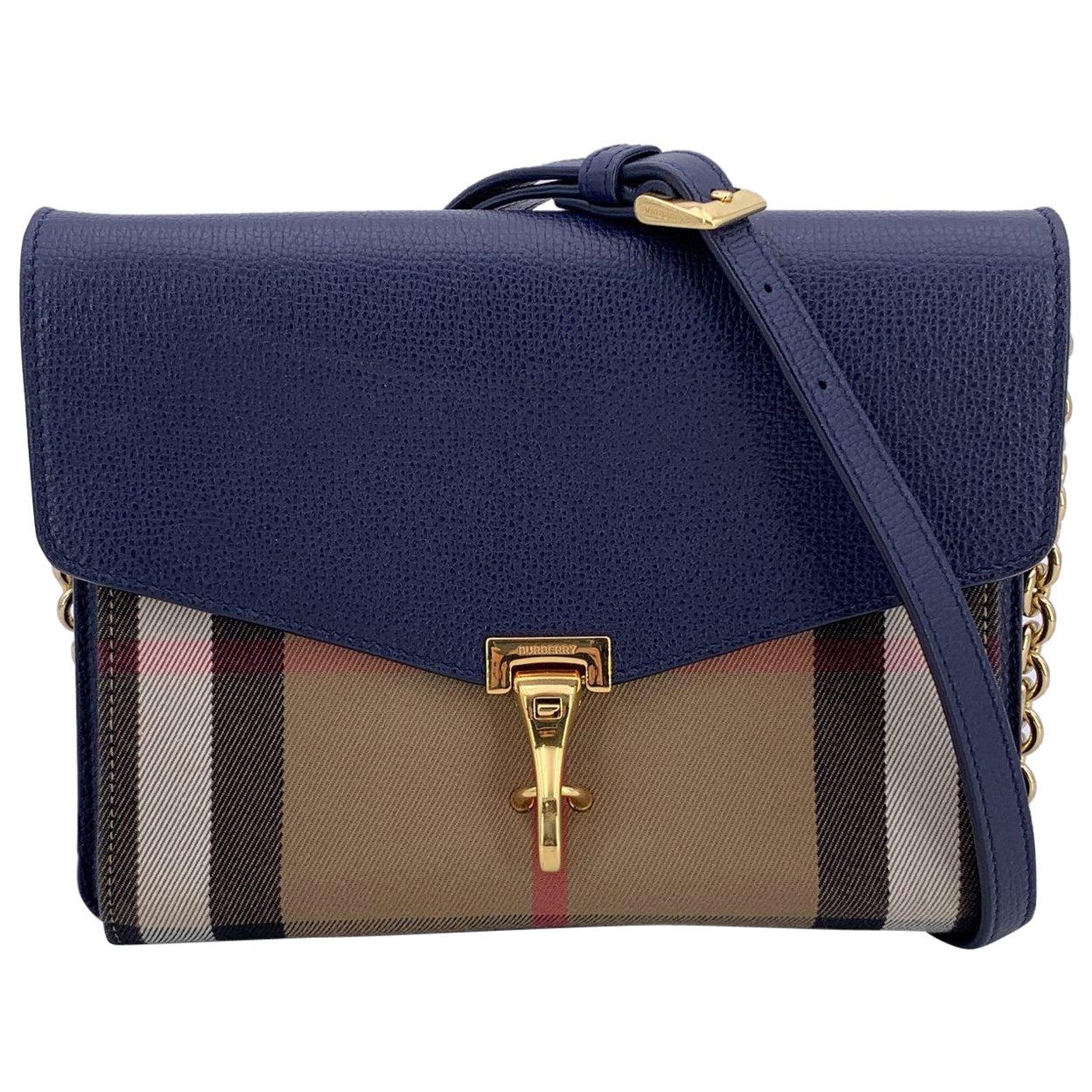 Burberry House Check Canvas Blue Leather Small Macken Crossbody Bag For Sale