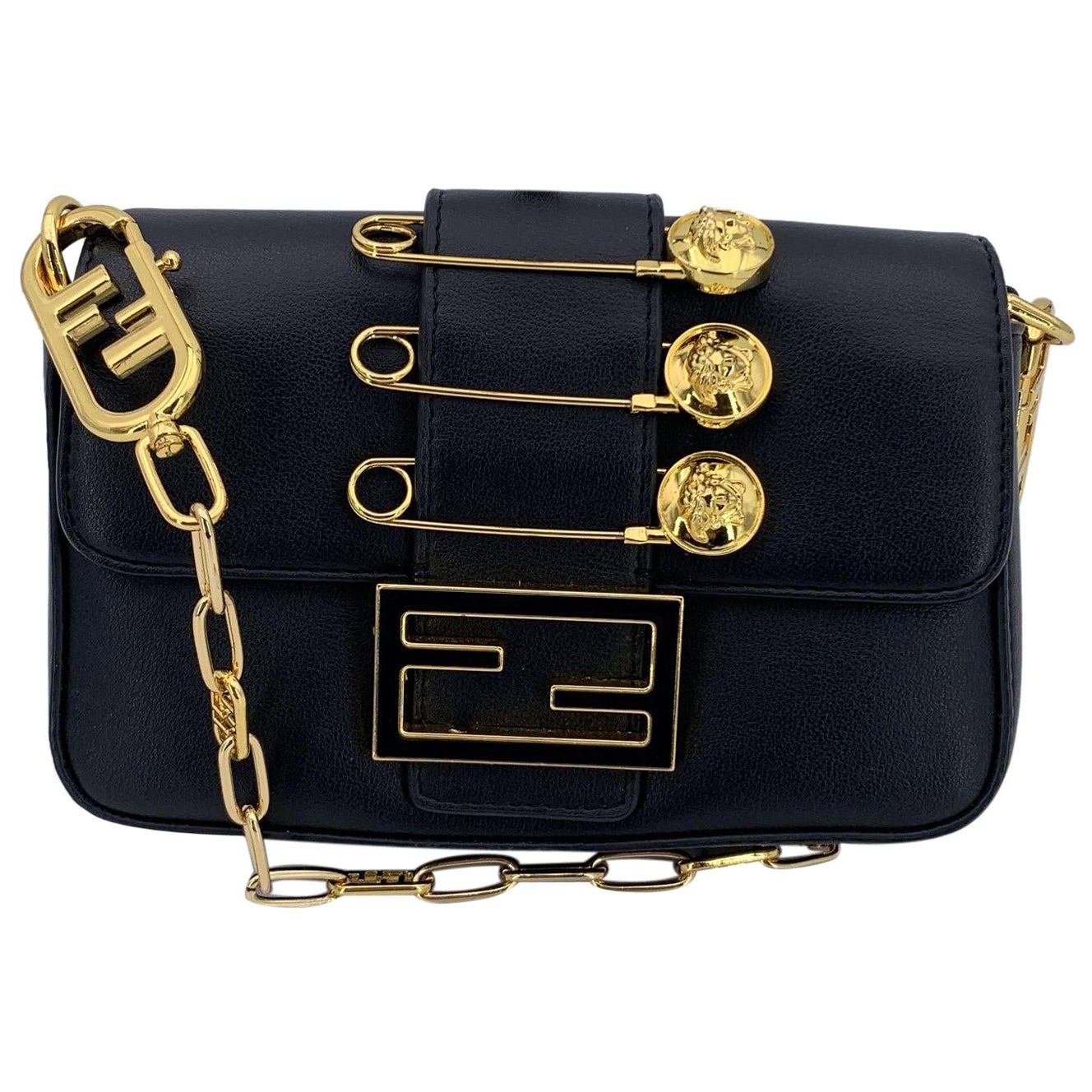 Fendace Fendi x Versace Black Leather Mini Brooch Baguette Bag For Sale