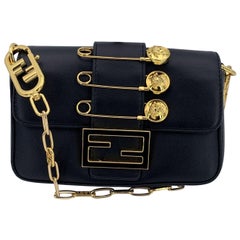 Fendace Fendi x Versace Black Leather Mini Brooch Baguette Bag