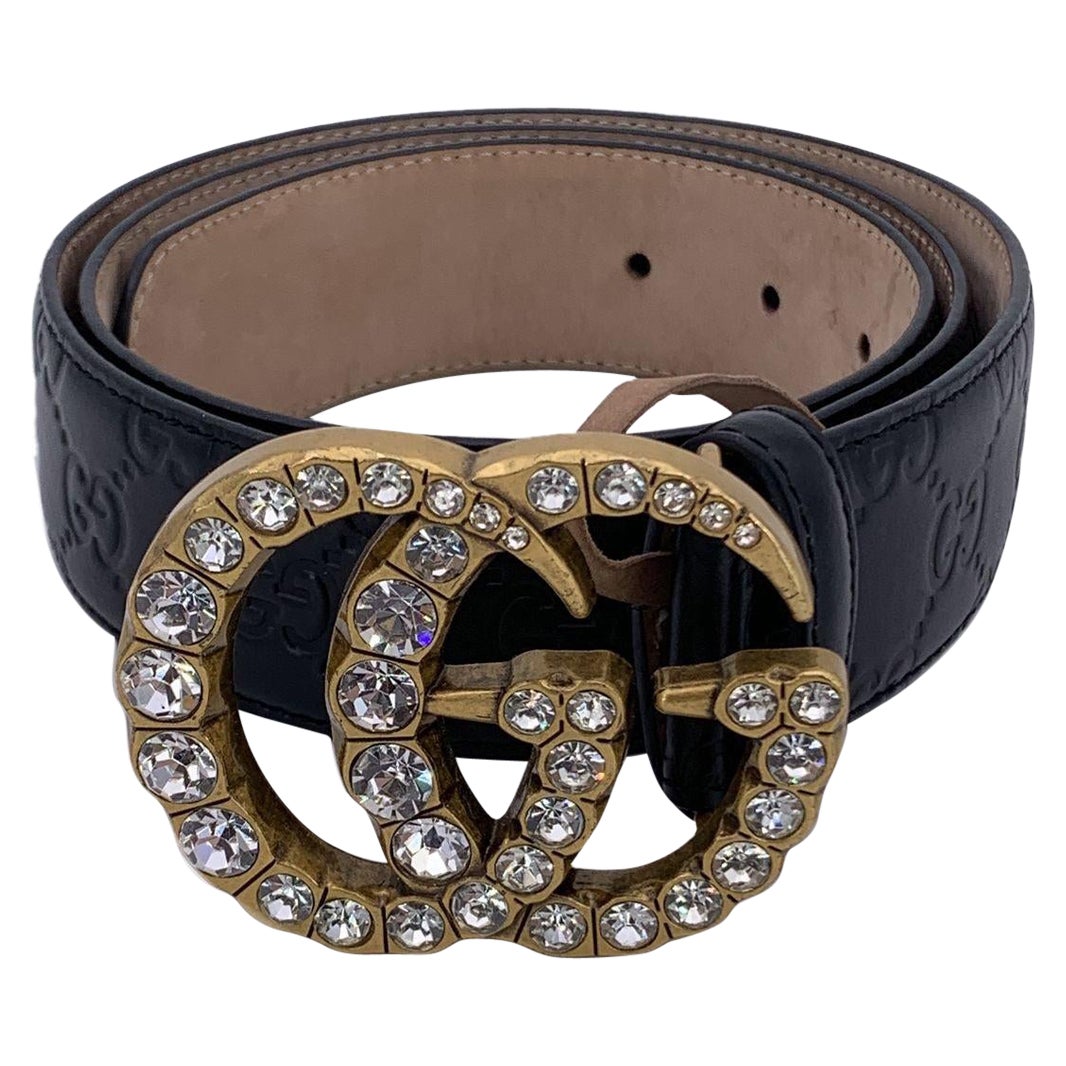 Gucci Black Guccissima Leather Marmont Belt Crystal GG Buckle 90/36