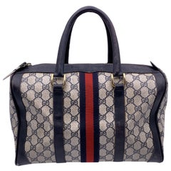 Gucci Vintage Blue Monogram Canvas and Leather Web Boston Bag