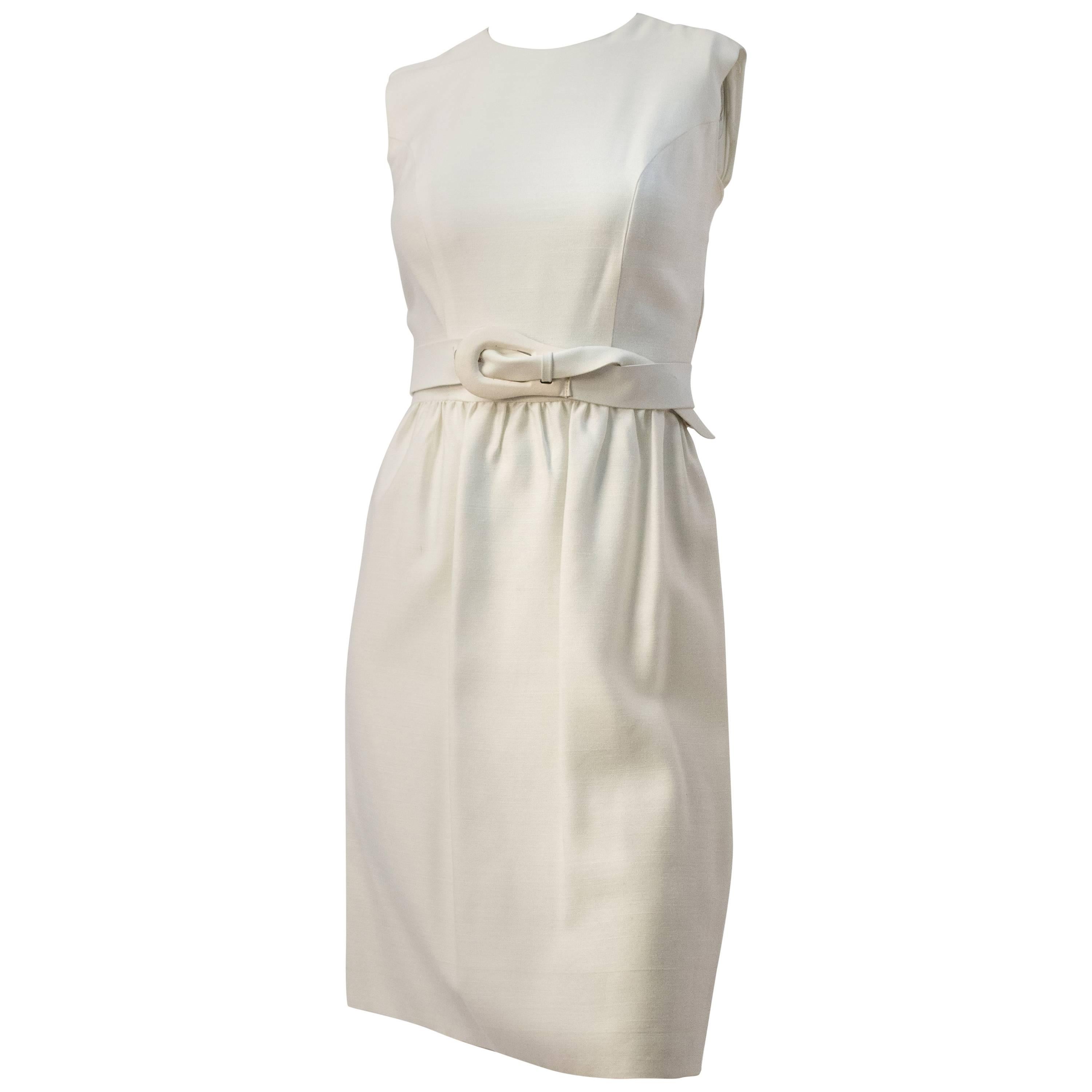 50s White Sheath Dress with White Belt For Sale