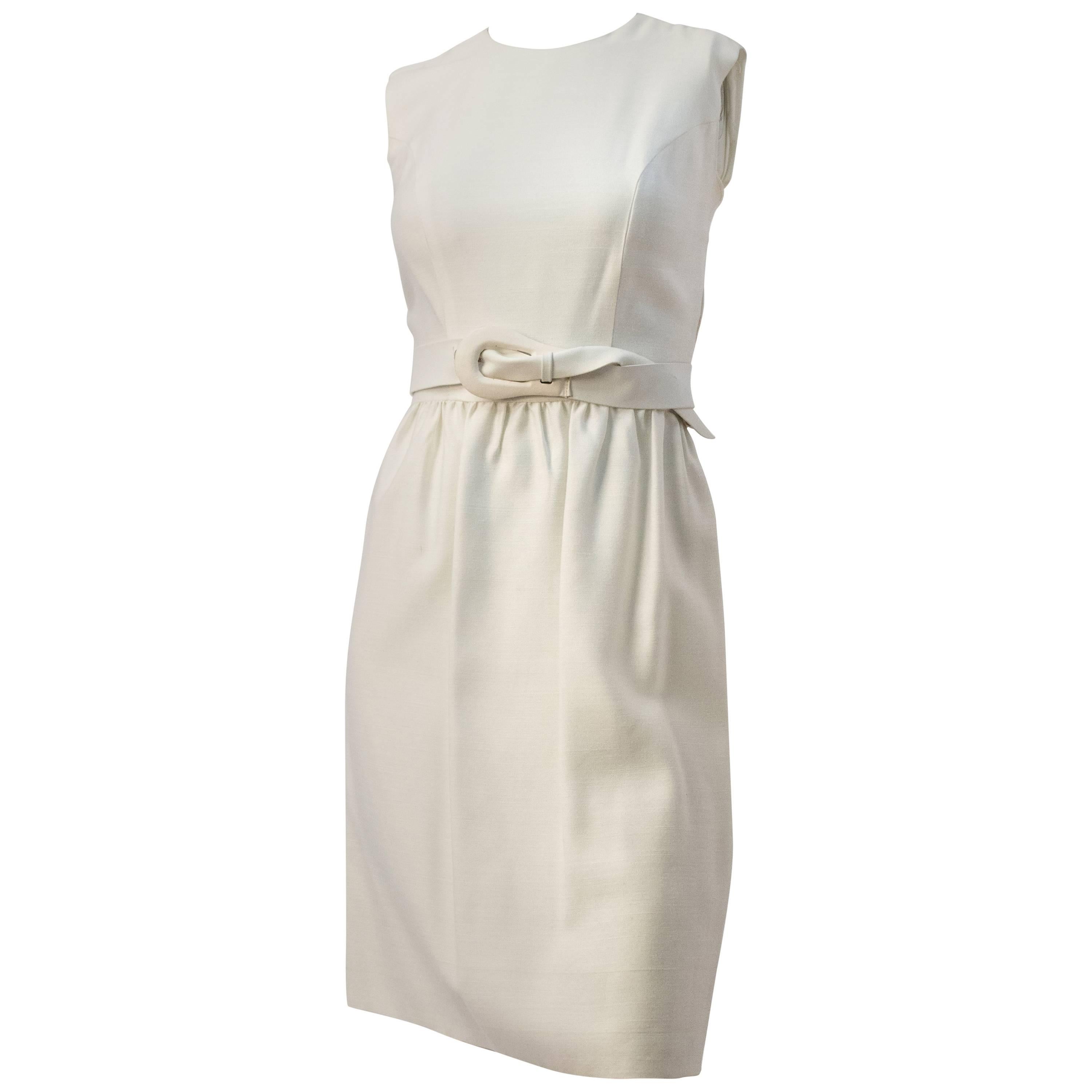 50s White Sheath Dress with White Belt