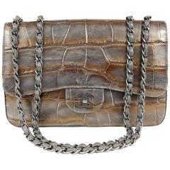 Chanel Pewter and Gold Crocodile Jumbo Classic Flap Bag