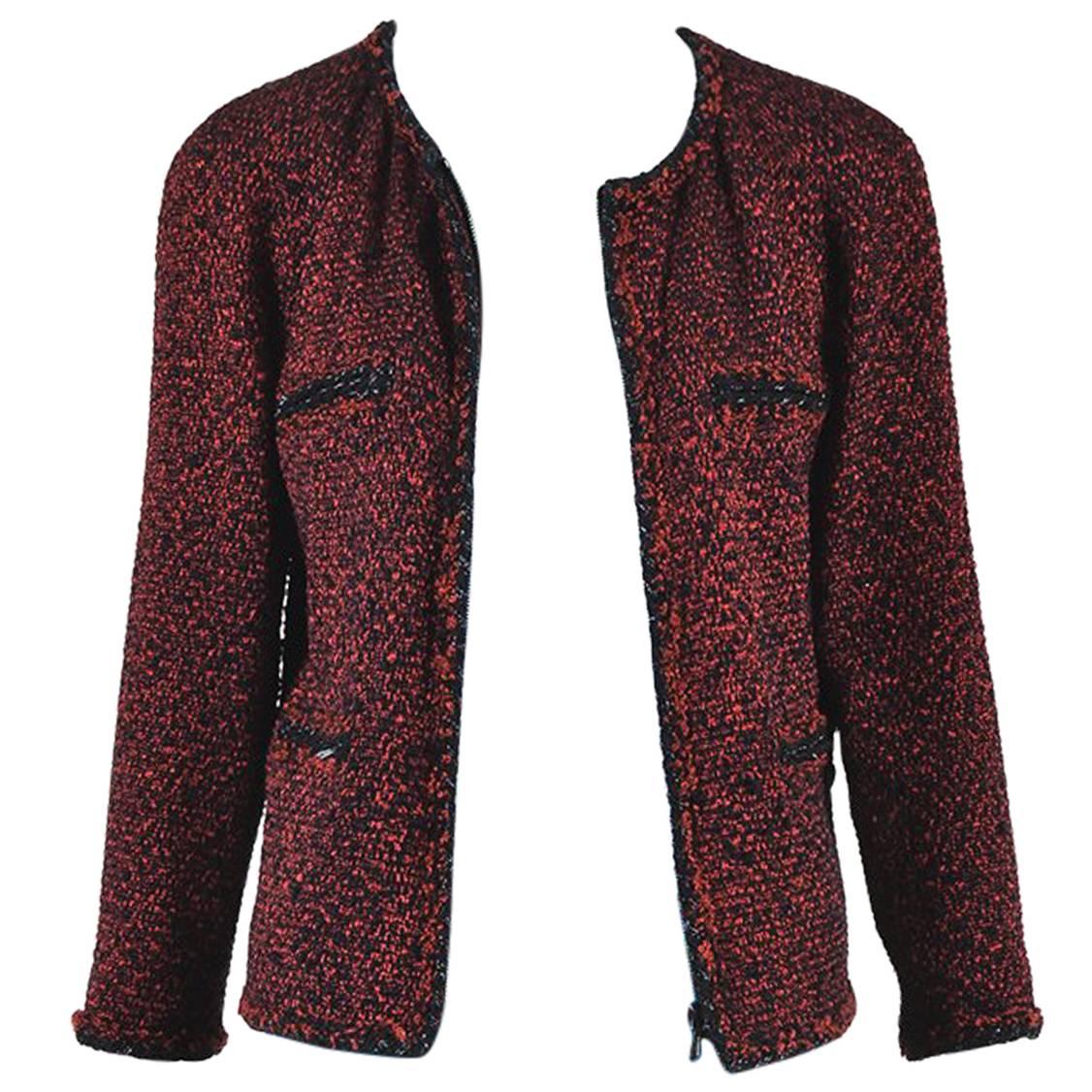 Chanel Red & Black Tweed Zipped Jacket SZ 42 For Sale