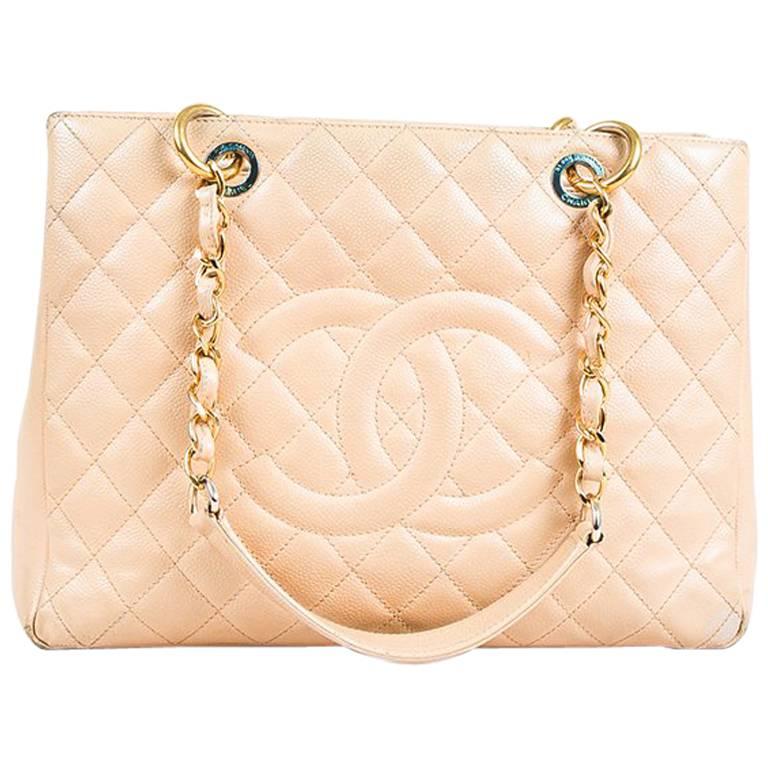 Chanel Beige Caviar Leather Quilted Gold Chain "GST" Shoulder Tote Bag For Sale