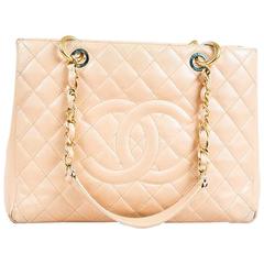 Chanel Beige Caviar Leather Quilted Gold Chain "GST" Shoulder Tote Bag