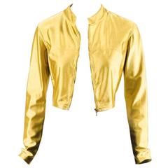 Chanel 01C Metallic Gold Spandex Zip Front Cropped LS Jacket SZ 40