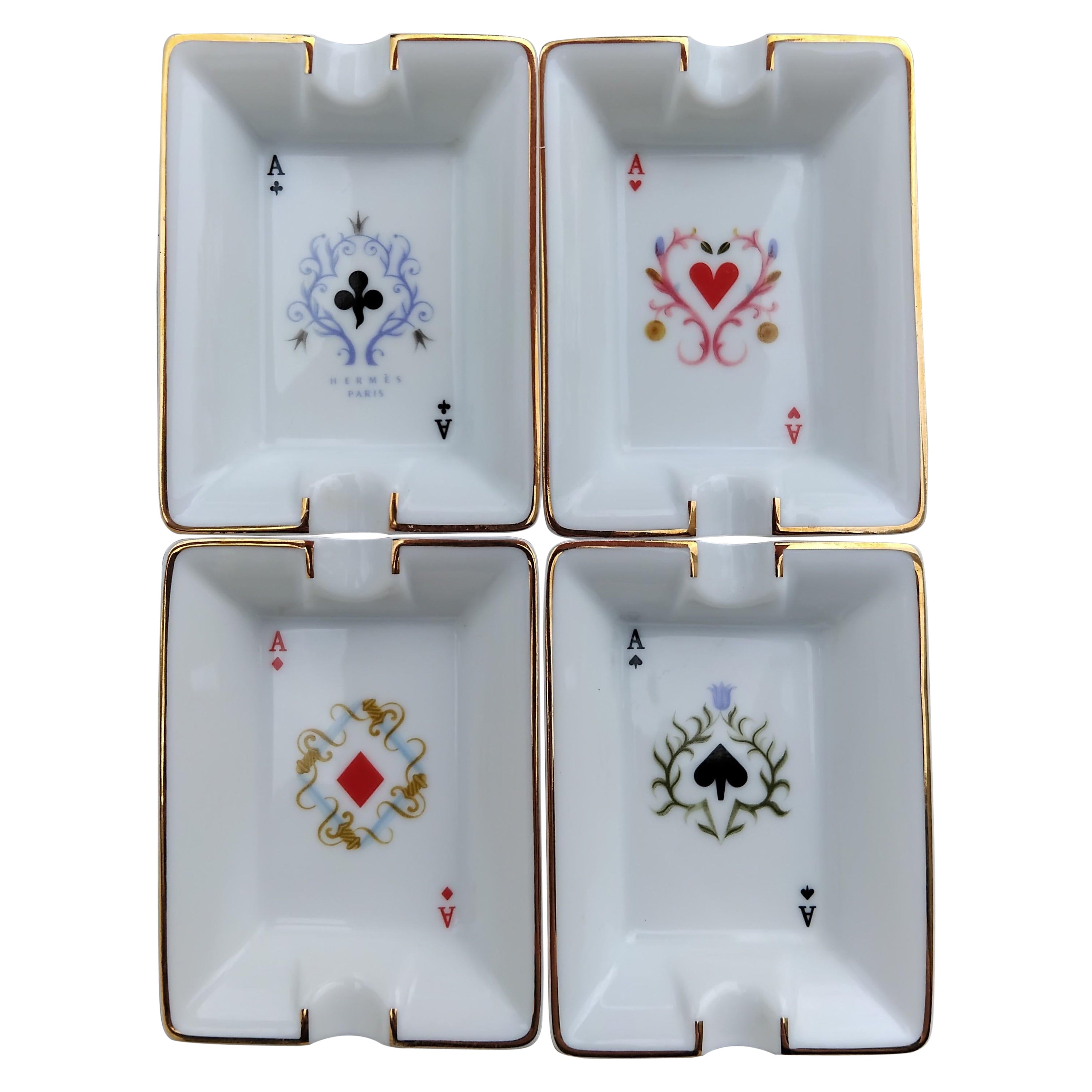 Hermès Paris Playing Cards Four Mini Ashtrays Porcelain Gold Ace Poker For Sale