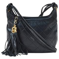 Vintage Chanel Black & Gold Tone Lambskin Leather Quilted Tasseled Crossbody Bag 8