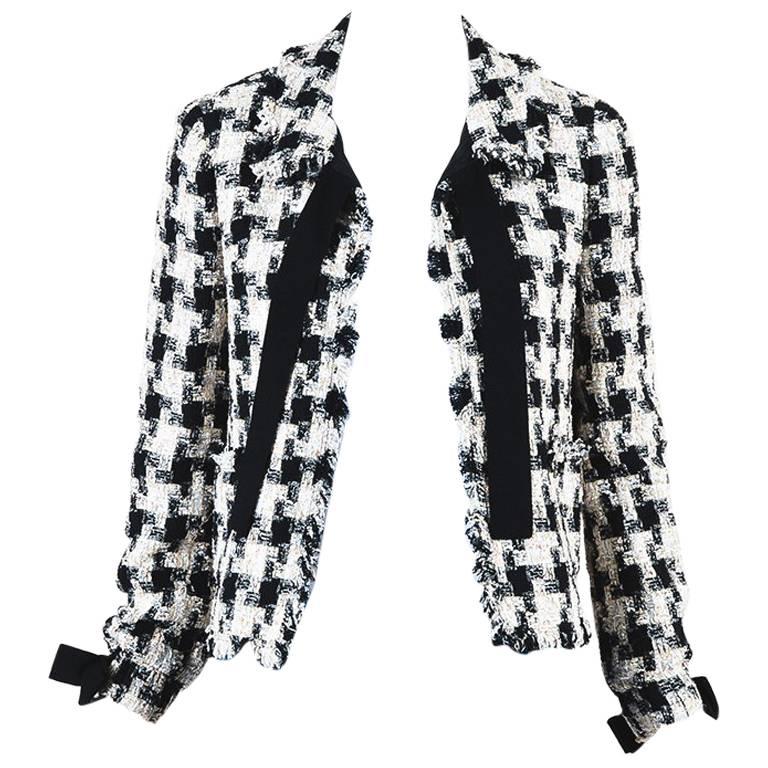 Chanel 04A Cream Black Multicolor Tweed Checkered Bow Long Sleeve Jacket SZ 38 For Sale