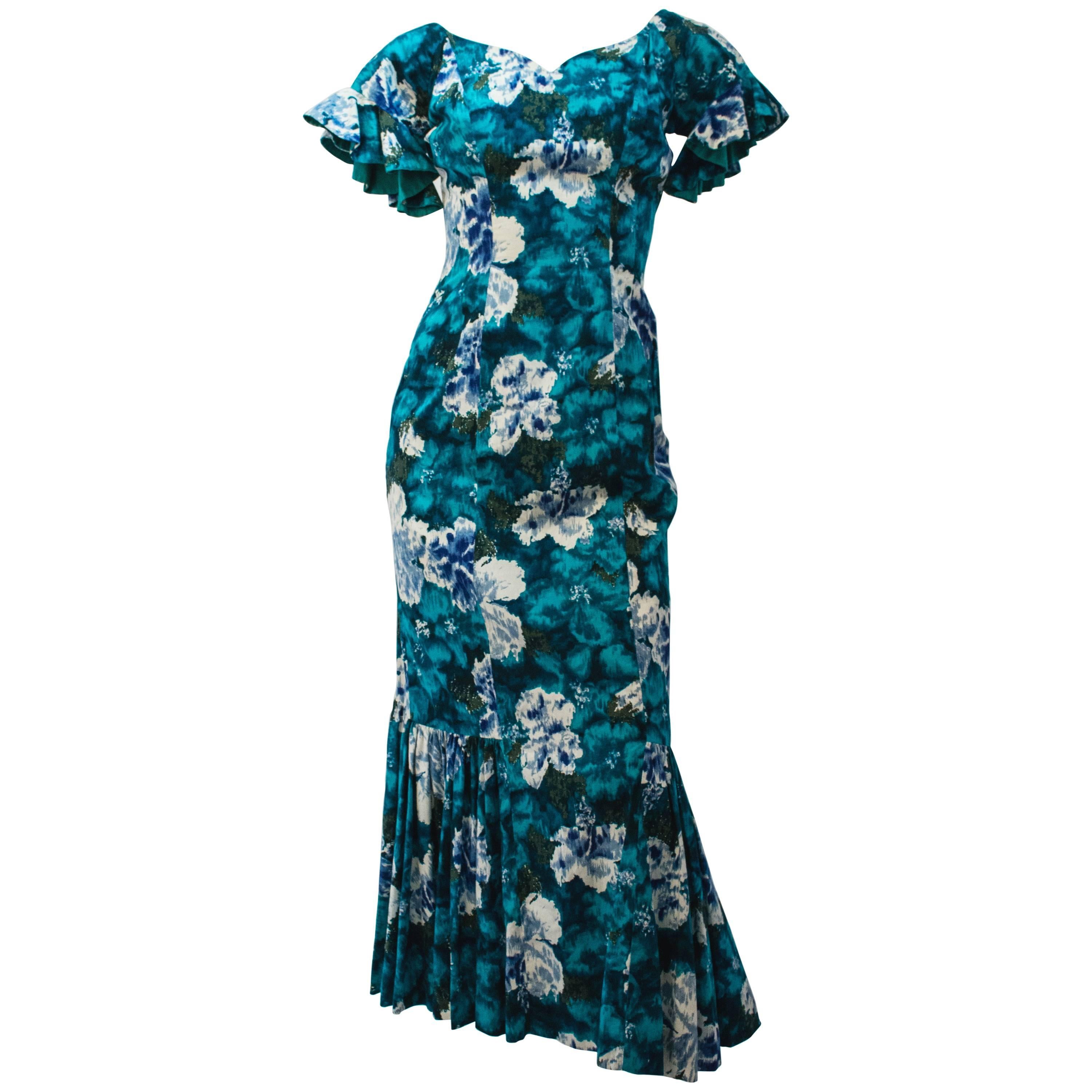 50er Jahre Baumwollkleid im Flamenco-Stil mit Blumendruck im Angebot