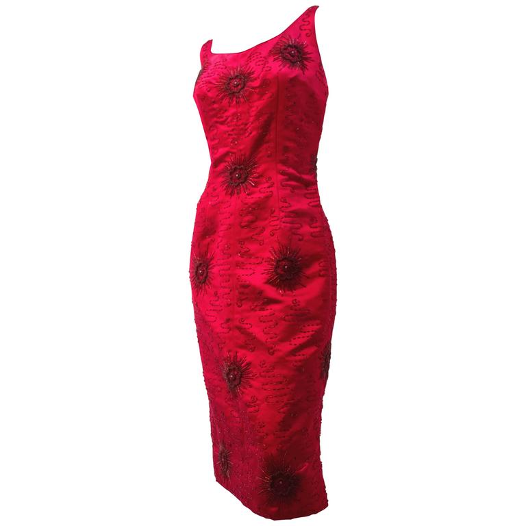 50s Red Beaded Evening Dress For Sale at 1stdibs