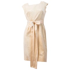 60s Sheath Dress Gold Embroidery with Satin Bow 