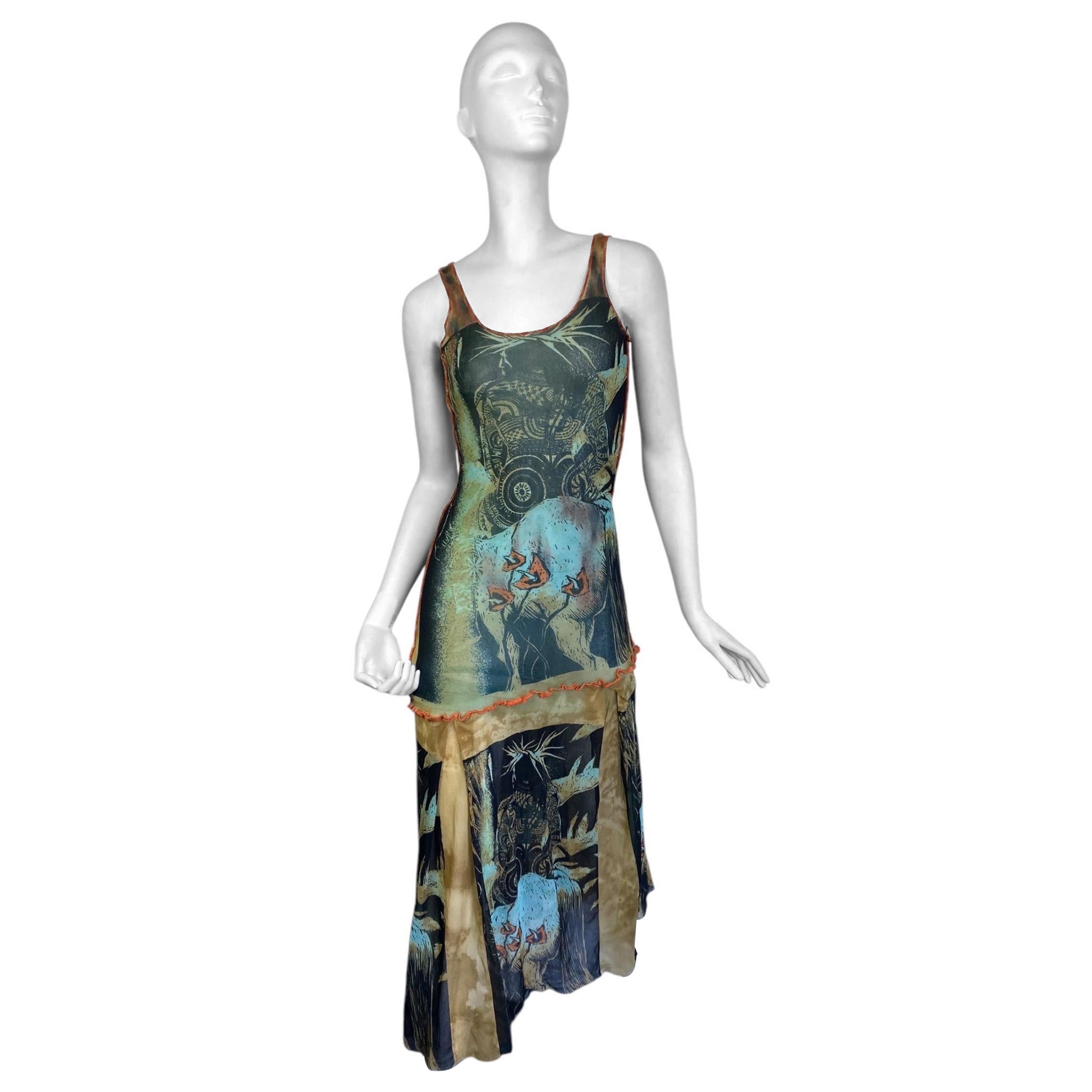 JEAN PAUL GAULTIER ss2000 MAXI VESTITO CON STAMPA MESH