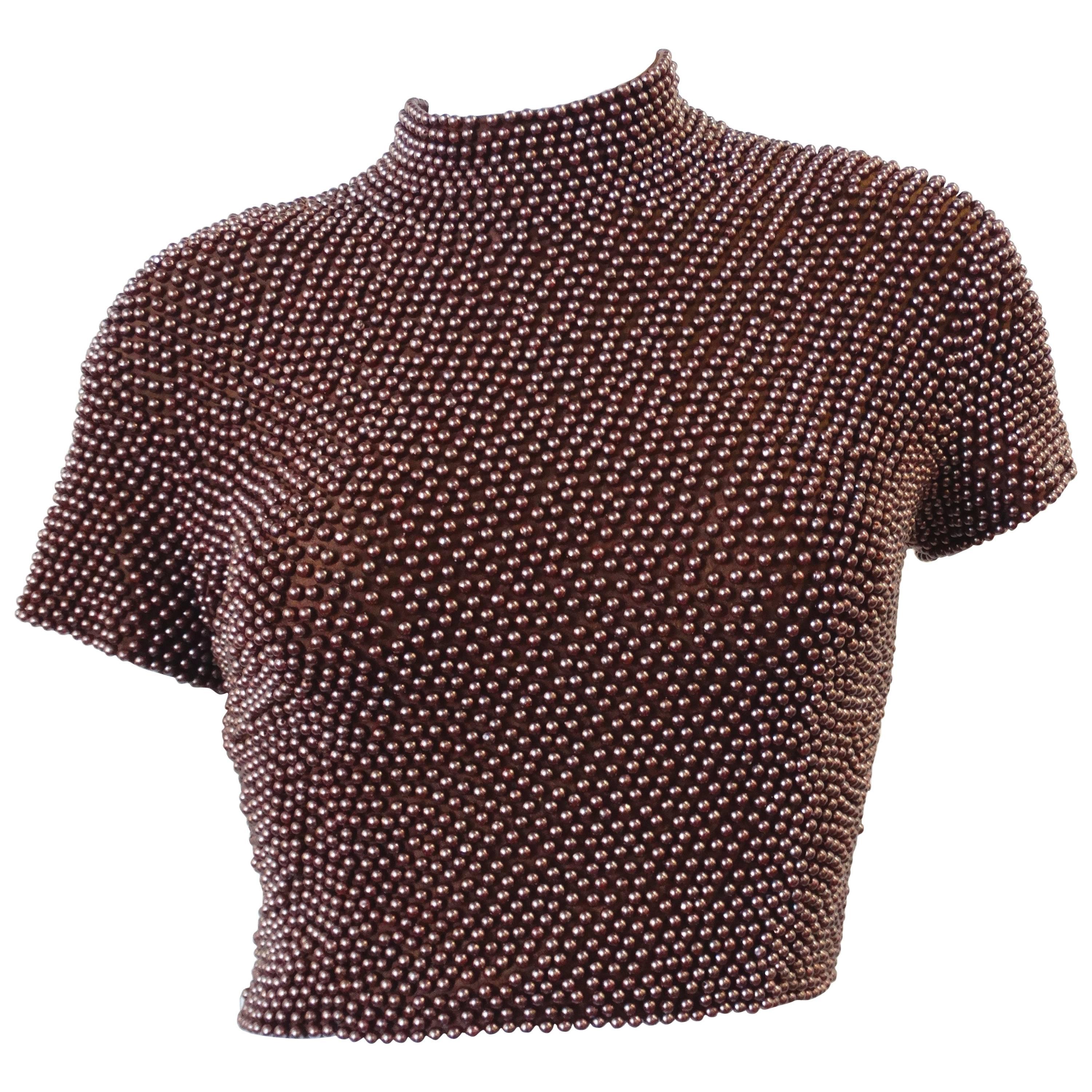 1980s Victoria Royal Pearl Beaded Mock Neck Crop Top