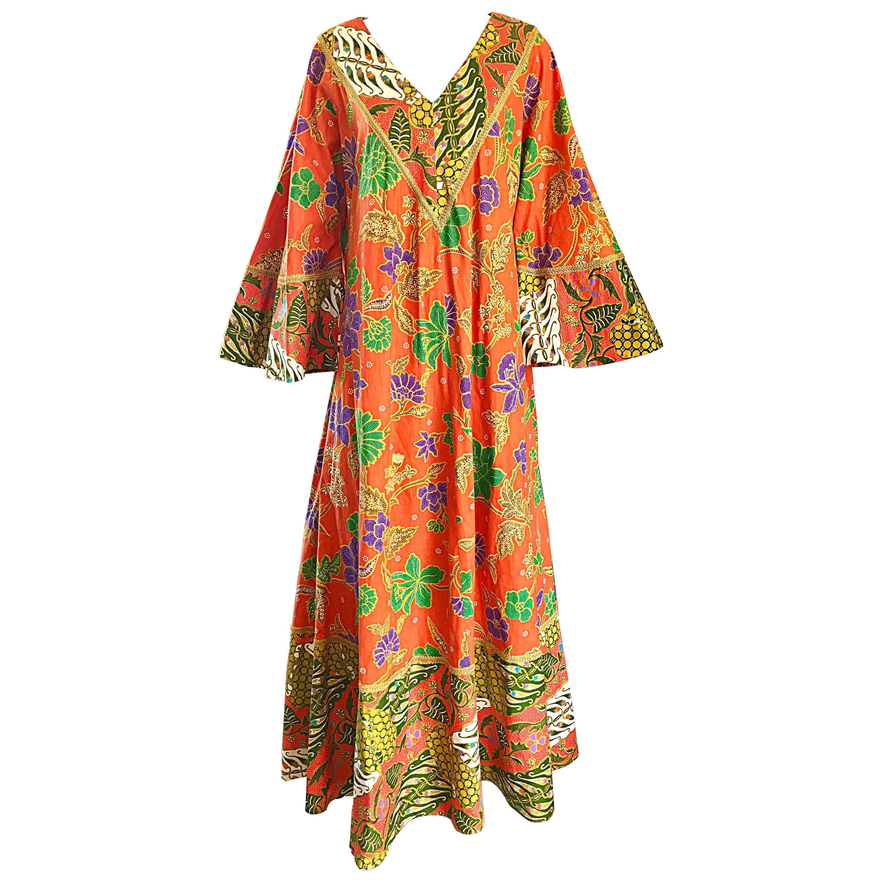 1970s Jay Morley + Fern Violette Orange Boho Cotton Caftan 70s Maxi Dress 