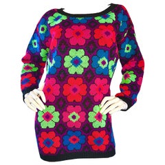 Vintage 1980s Betsey Johnson Punk Label One Size Intarsia Flower Sweater Jumper 80s