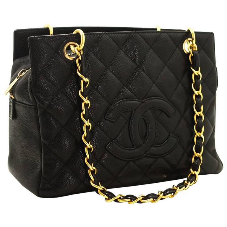 CHANEL Caviar Small Shopping Tote Bag Chain Shoulder Black Quilted For ...