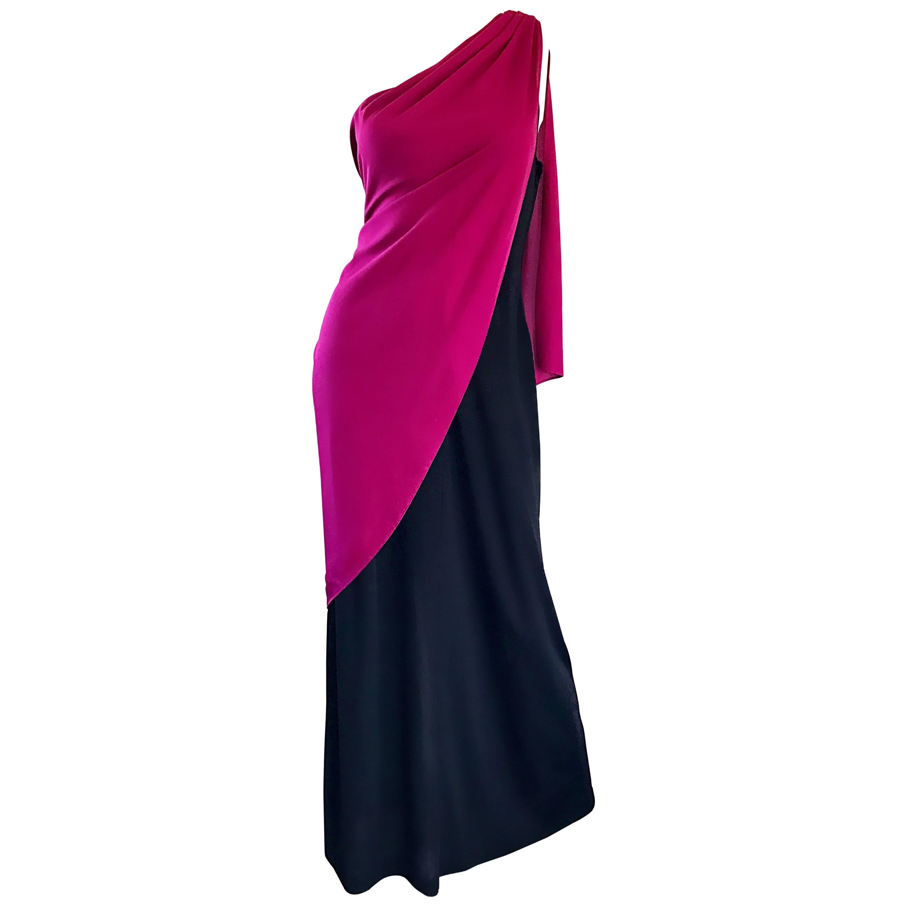 Bill Blass Vintage Raspberry Pink + Black Color Block Grecian One Shoulder Gown For Sale